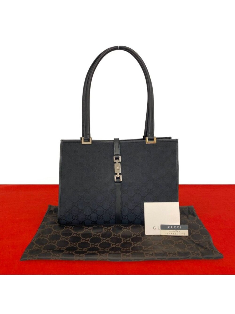 Gucci Jackie GG Logo Pattern Canvas Leather Bag Handbag Black